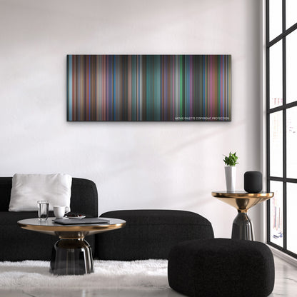 Spirited color palette canvas above a black sofa with a gold-topped table