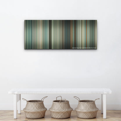 Twisters color palette canvas above a white bench with three woven baskets
