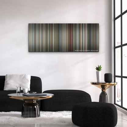 Black Mirror: Bandersnatch color palette canvas above a black sofa with a gold-topped table