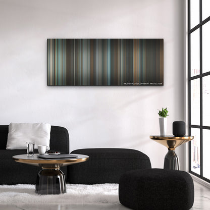 Riders of Justice color palette canvas above a black sofa with a gold-topped table