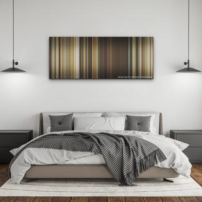 Don't Worry Darling color palette canvas above a bed, between two black pendant lamps