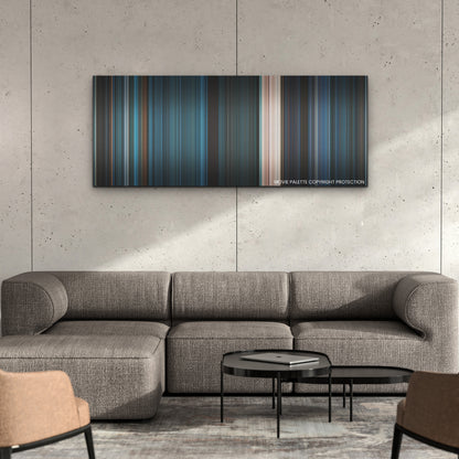 Escape Room: Tournament of Champions color palette canvas on a concrete wall above a gray sectional sofa