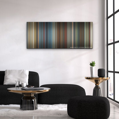 Red Notice color palette canvas above a black sofa with a gold-topped table