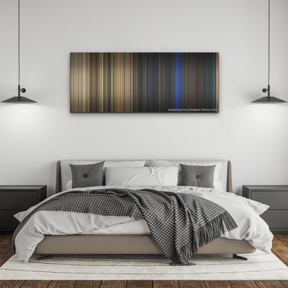 Texas Chainsaw Massacre color palette canvas above a bed, between two black pendant lamps
