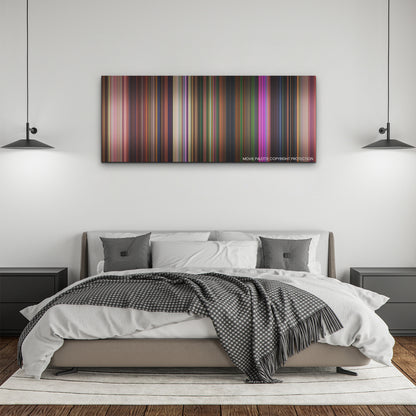 Encanto color palette canvas above a bed, between two black pendant lamps