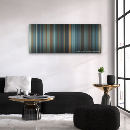 Troll color palette canvas above a black sofa with a gold-topped table