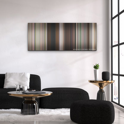 No Hard Feelings color palette canvas above a black sofa with a gold-topped table