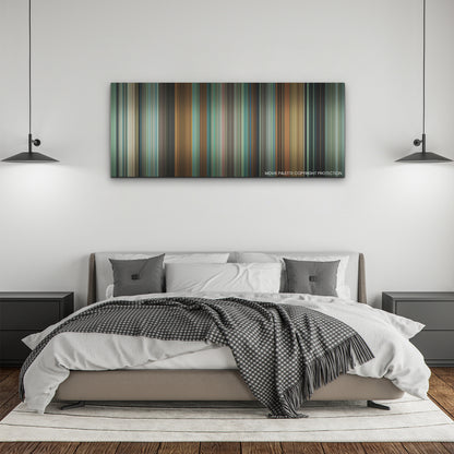 Challengers color palette canvas above a bed, between two black pendant lamps