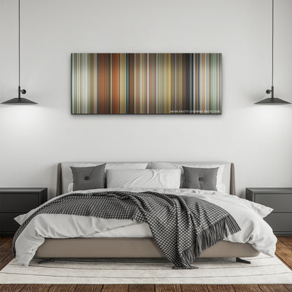 Spencer color palette canvas above a bed, between two black pendant lamps