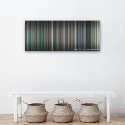 Decision to Leave color palette canvas above a white bench with three woven baskets
