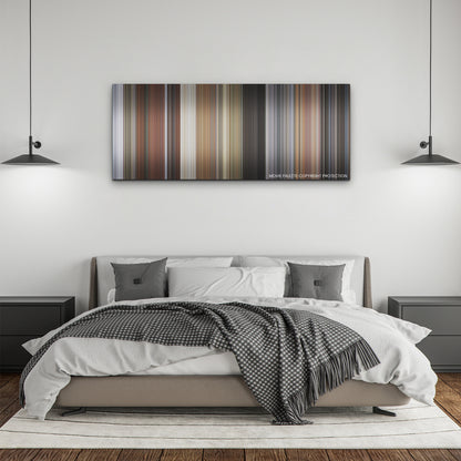 Deadpool & Wolverine color palette canvas above a bed, between two black pendant lamps