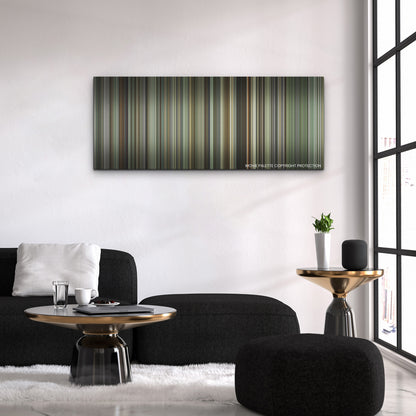 Oppenheimer color palette canvas above a black sofa with a gold-topped table