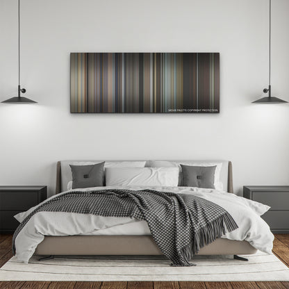 May December color palette canvas above a bed, between two black pendant lamps