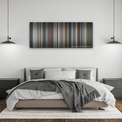 Perfect Days color palette canvas above a bed, between two black pendant lamps