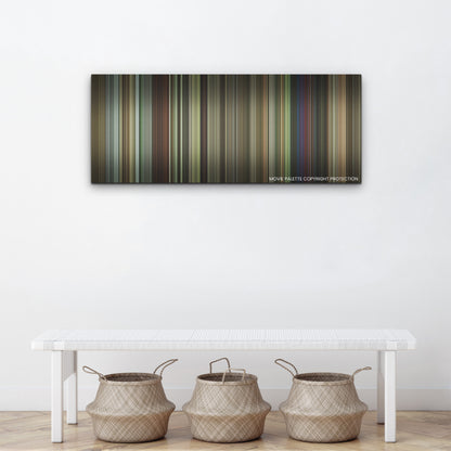 A Good Person color palette canvas above a white bench with three woven baskets