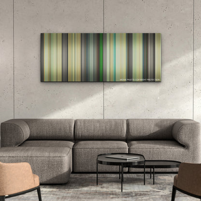 Asteroid City color palette canvas on a concrete wall above a gray sectional sofa
