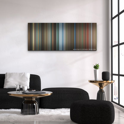 Black Widow color palette canvas above a black sofa with a gold-topped table