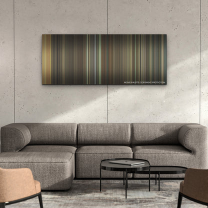 Knock at the Cabin color palette canvas on a concrete wall above a gray sectional sofa