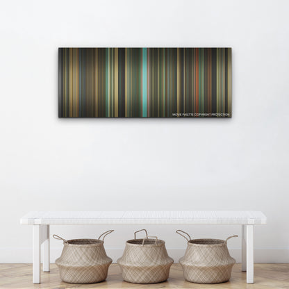The Iron Claw color palette canvas above a white bench with three woven baskets