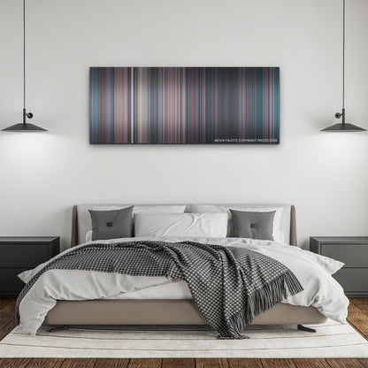 Terrifier 2 color palette canvas above a bed, between two black pendant lamps
