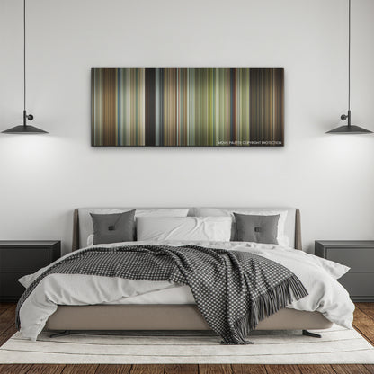Civil War color palette canvas above a bed, between two black pendant lamps
