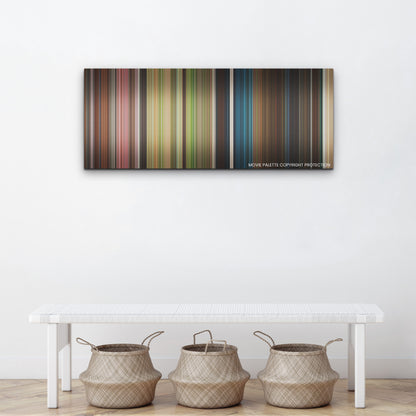 The Lost City color palette canvas above a white bench with three woven baskets