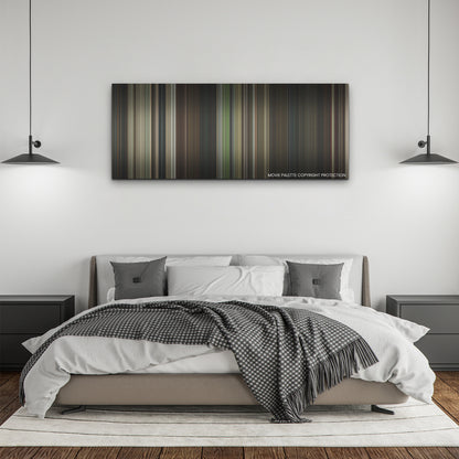 The Night House color palette canvas above a bed, between two black pendant lamps