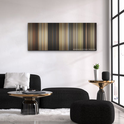 The Unbearable Weight of Massive Talent color palette canvas above a black sofa with a gold-topped table