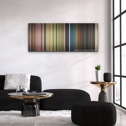 The Lost City color palette canvas above a black sofa with a gold-topped table