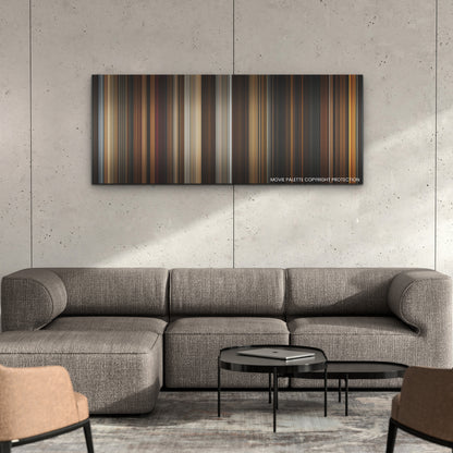 The First Omen color palette canvas on a concrete wall above a gray sectional sofa