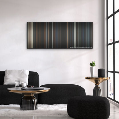 The Last Voyage of the Demeter color palette canvas above a black sofa with a gold-topped table