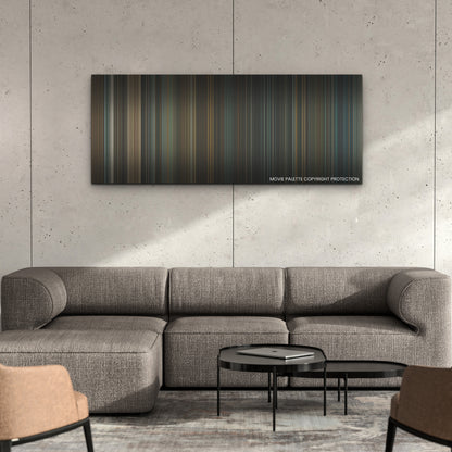 The Pope's Exorcist color palette canvas on a concrete wall above a gray sectional sofa