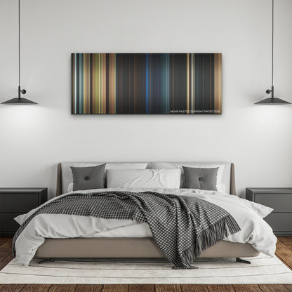 Damsel color palette canvas above a bed, between two black pendant lamps