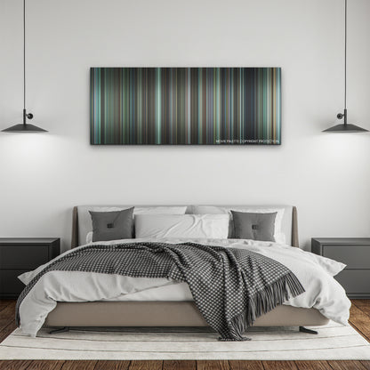 Decision to Leave color palette canvas above a bed, between two black pendant lamps