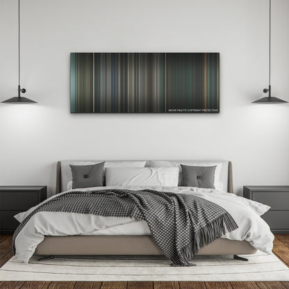 Blood Red Sky color palette canvas above a bed, between two black pendant lamps