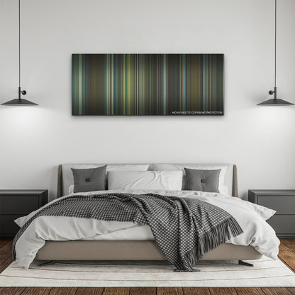 The Killer color palette canvas above a bed, between two black pendant lamps