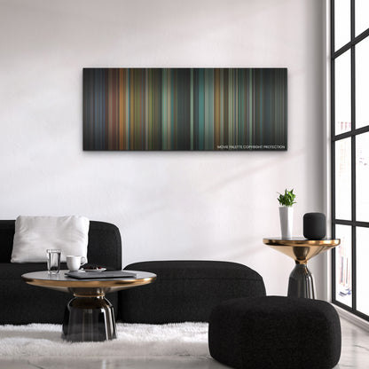 Halloween Kills color palette canvas above a black sofa with a gold-topped table
