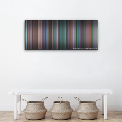 Spirited color palette canvas above a white bench with three woven baskets
