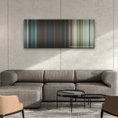 Meg 2: The Trench color palette canvas on a concrete wall above a gray sectional sofa