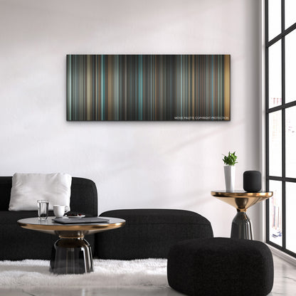Zack Snyder's Justice League color palette canvas above a black sofa with a gold-topped table