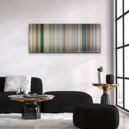 Jackass Forever color palette canvas above a black sofa with a gold-topped table