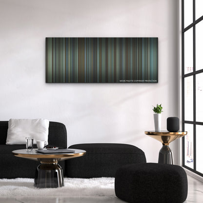Boston Strangler color palette canvas above a black sofa with a gold-topped table