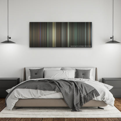 Scream VI color palette canvas above a bed, between two black pendant lamps