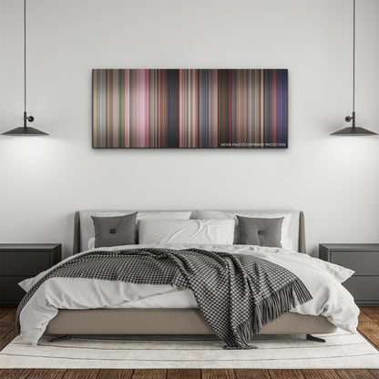 Mean Girls color palette canvas above a bed, between two black pendant lamps