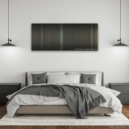 The Whale color palette canvas above a bed, between two black pendant lamps