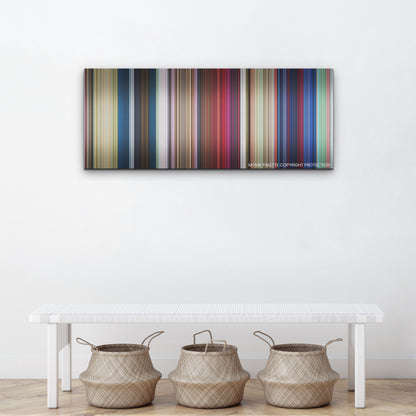 Migration color palette canvas above a white bench with three woven baskets