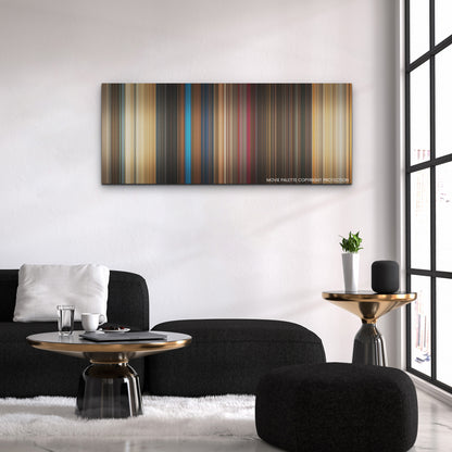 The Fall Guy color palette canvas above a black sofa with a gold-topped table