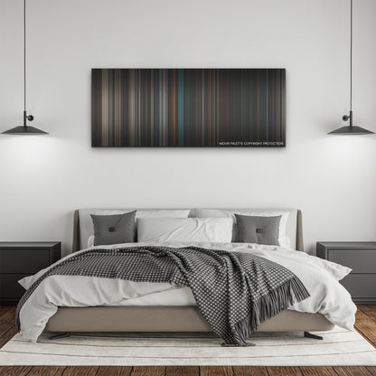 The Nun II color palette canvas above a bed, between two black pendant lamps