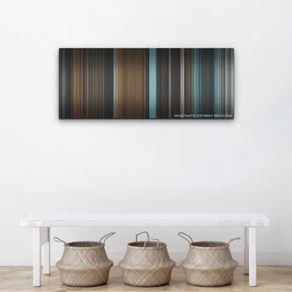 Talk to Me color palette canvas above a white bench with three woven baskets