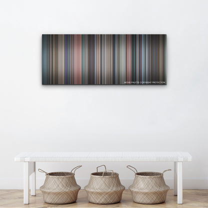 Don't Look Up color palette canvas above a white bench with three woven baskets